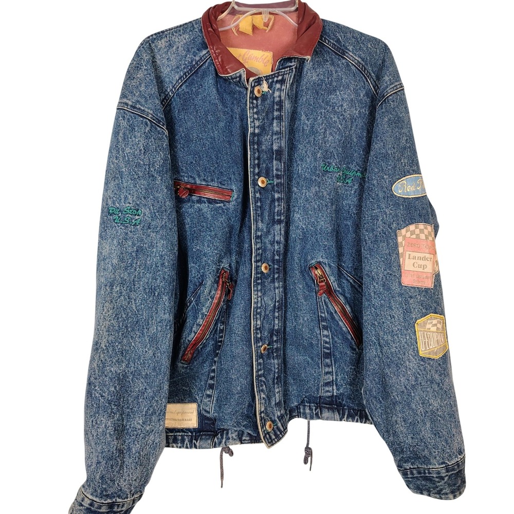 Urban Equipment USA Acid Wash Denim Racing‎ Jacket Blue Lander Cup Patches XL